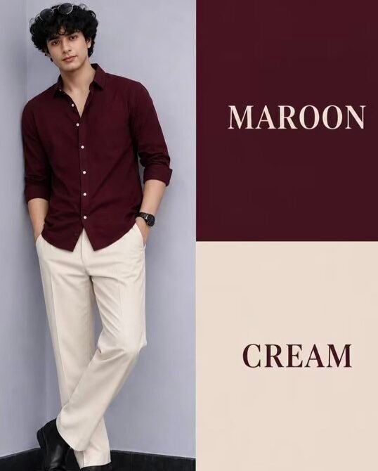 alt="Maroon formal shirt with cream pants"