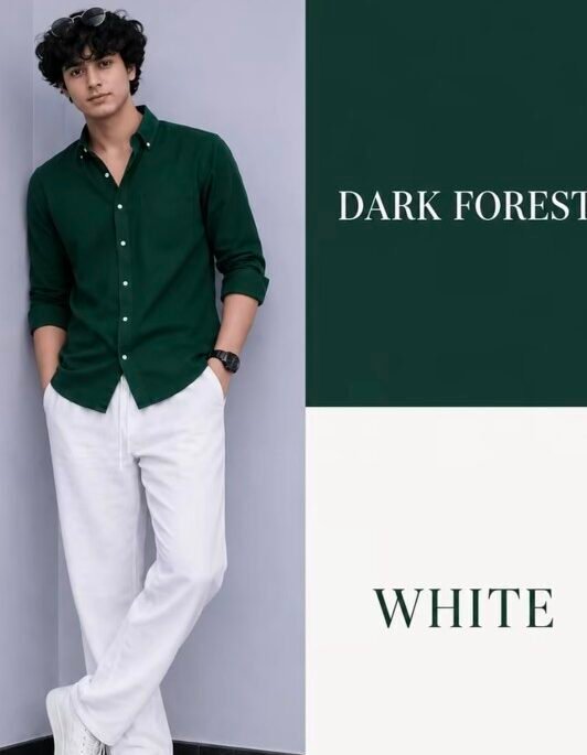 alt="Dark forest formal shirt with white pants"
